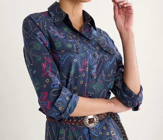 Print Gambler Shirt Dress Navy Western Brights