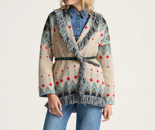 Graphic Fringe Lapel Cardigan In Ecru Natural Multi