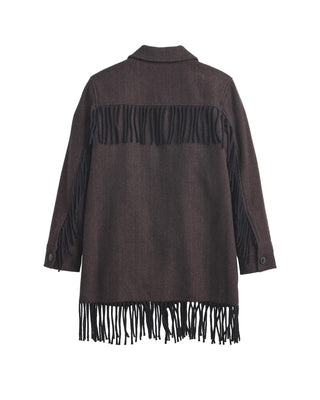 Women's Jolene Fringe Wool Jacket Black Brown Herringbone