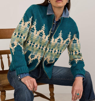 Women's Graphic Wool Zip-Up Cardigan Dark Teal