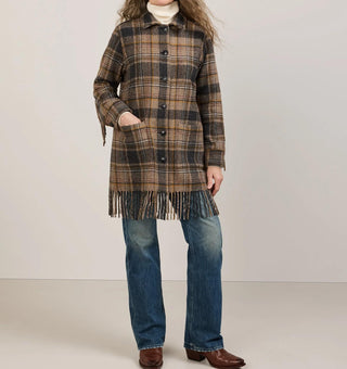 Women's Jolene Fringe Wool Jacket Taupe Charcoal Plaid