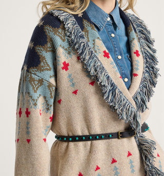 Graphic Fringe Lapel Cardigan In Ecru Natural Multi