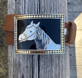 Kathy Kamei Large Horse Head Buckle On Tan Italian Leather Belt