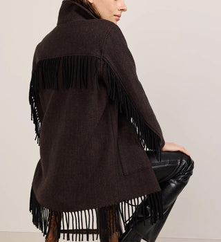 Women's Jolene Fringe Wool Jacket Black Brown Herringbone