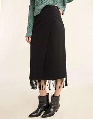 Wool Fringed Wrap Skirt Black