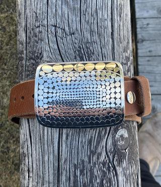 Kathy Kamei New Motif Saddle Buckle On Tan Leather Belt