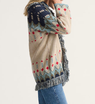 Graphic Fringe Lapel Cardigan In Ecru Natural Multi