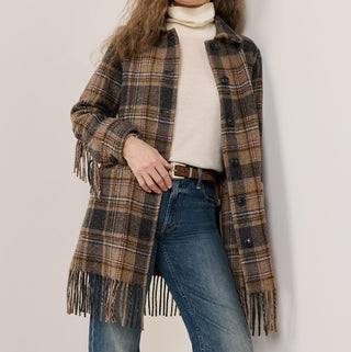 Women's Jolene Fringe Wool Jacket Taupe Charcoal Plaid