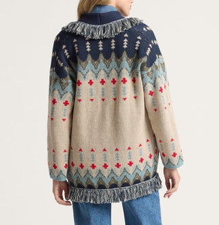 Graphic Fringe Lapel Cardigan In Ecru Natural Multi
