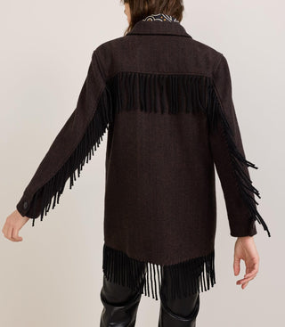 Women's Jolene Fringe Wool Jacket Black Brown Herringbone