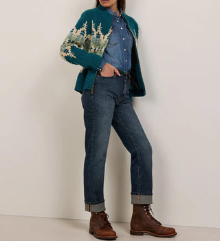 Women's Graphic Wool Zip-Up Cardigan Dark Teal