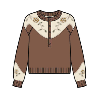 Western Floral Henley Sweater Spice Brown