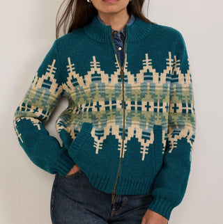 Women's Graphic Wool Zip-Up Cardigan Dark Teal