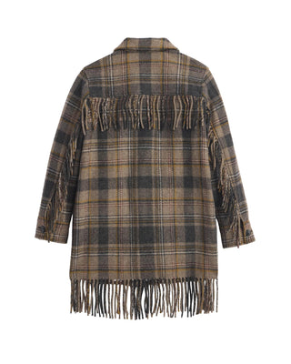 Women's Jolene Fringe Wool Jacket Taupe Charcoal Plaid