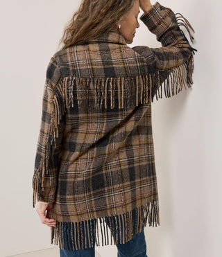 Women's Jolene Fringe Wool Jacket Taupe Charcoal Plaid