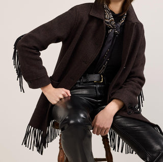 Women's Jolene Fringe Wool Jacket Black Brown Herringbone