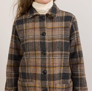 Women's Jolene Fringe Wool Jacket Taupe Charcoal Plaid