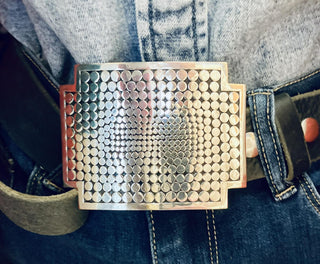 Silver Body and Spirit Buckle on Black Italian Leather Belt