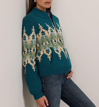 Women's Graphic Wool Zip-Up Cardigan Dark Teal