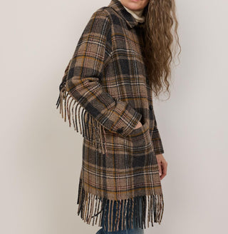 Women's Jolene Fringe Wool Jacket Taupe Charcoal Plaid