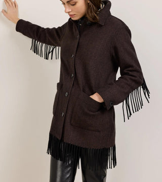 Women's Jolene Fringe Wool Jacket Black Brown Herringbone