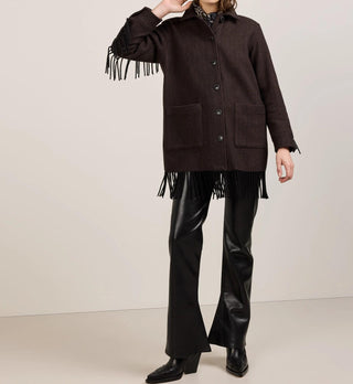 Women's Jolene Fringe Wool Jacket Black Brown Herringbone